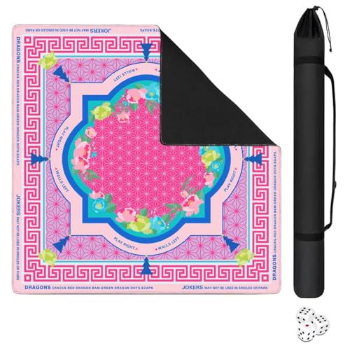 Mahjong Mat with Black Carrying Bag, 31.5"x31.5" Anti-Slip Noise Reduction Gaming Mat for Mahjong, Poker, Board Games, 3 Dice & Black Storage Bag (Pink and Yellow Lotus, One Size) - color: Pink and Yellow Lotus
