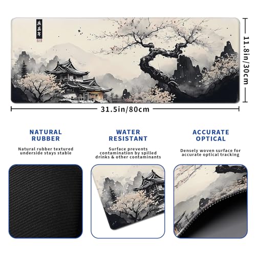 Japanese Mouse Pad, Large Japanese Desk Mat, XL Anime Gaming Keyboard Mat, Non-Slip Rubber Base, Big Extended Desk Protector for Office and Home, 31.5”x11.8” - color: Cherry Blossom
