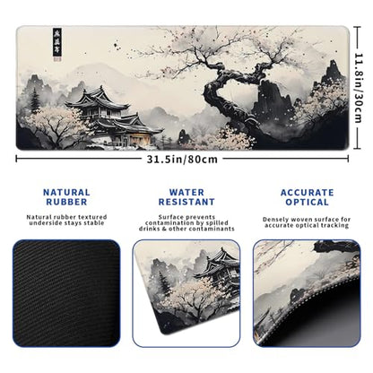 Japanese Mouse Pad, Large Japanese Desk Mat, XL Anime Gaming Keyboard Mat, Non-Slip Rubber Base, Big Extended Desk Protector for Office and Home, 31.5”x11.8” - color: Cherry Blossom
