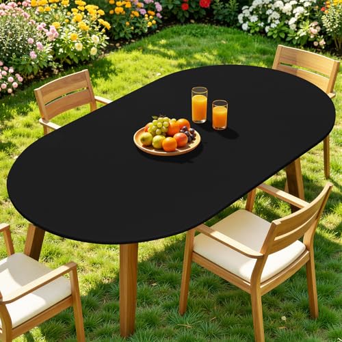 Moosfor Spandex Oval Tablecloth, Fitted Table Cloth for 48" x 68" Tables | Elastic Outdoor Picnic Table Cover, Circle Stretch Waterproof Table cloths for Patio, Dining, Kitchen, Black - color: Black, size: 68" x 48" (Oval)