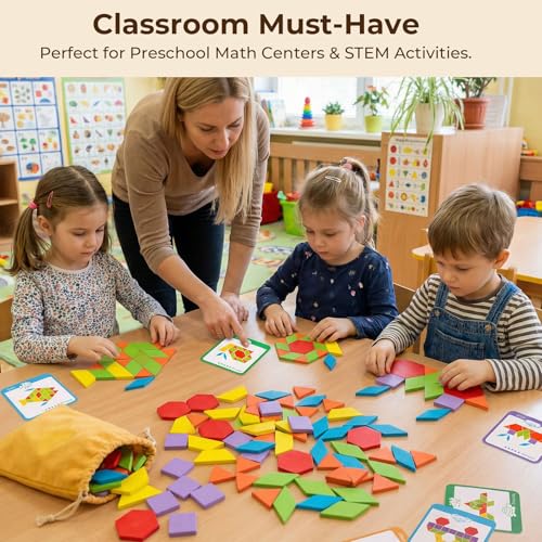 LovesTown 209 PCS Shapes Wooden Pattern Blocks for Kids, Geometric with Activity Cards and Storage Bag, Educational Tangram Puzzles,Great Learning Gift from Parents or Teachers (Pack of 2) - size: 230 (Pack of 2)
