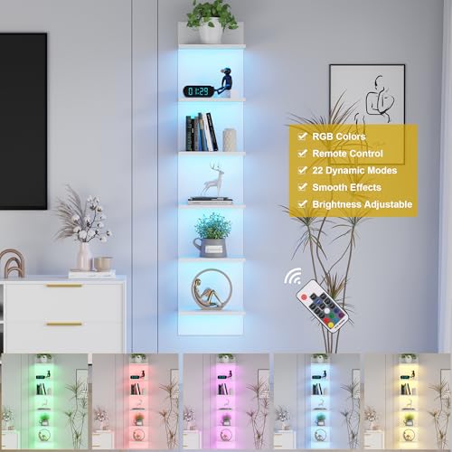 Qupui 6-Tier Wall Shelf with RGB LED, 57" Floating Storage, White | RGB 16 Million Colors, 22 Modes, 6 Brightness. Waterproof Particleboard. Each Tier Holds 10 Lbs. Wall-mounted. For Bedroom - color: White