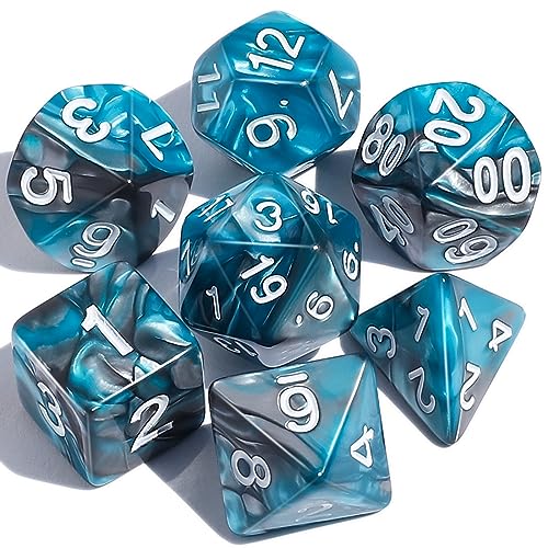 CiaraQ 7pcs Polyhedral Dice Set for Dungeon and Dragons MTG Table Games | Acrylic RPG Dice for D&D with Black Velvet Bag – Cyan Blue & Silver Gray Mix – Standard Size – Ages 14+ - color: Blue Mixed Silver