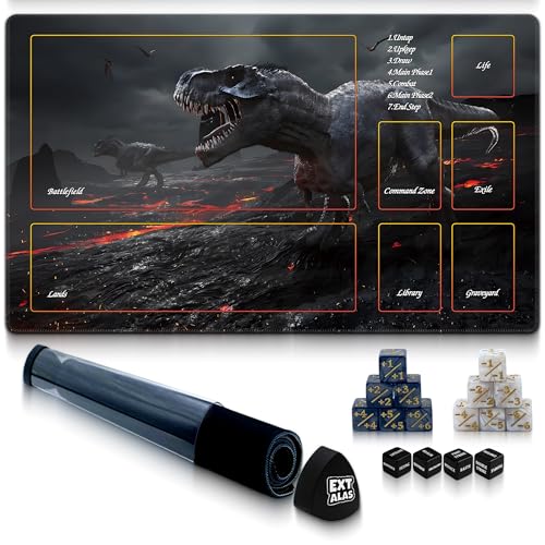 MTG Playmat with Storage Tube & 7-Dice Set - Waterproof TCG Playmat with Stitched Edges, Non-Slip Rubber Card Game Mat (24"x14") (playmat with Zones, Dinosaur) - color: Dinosaur, style: playmat with zones