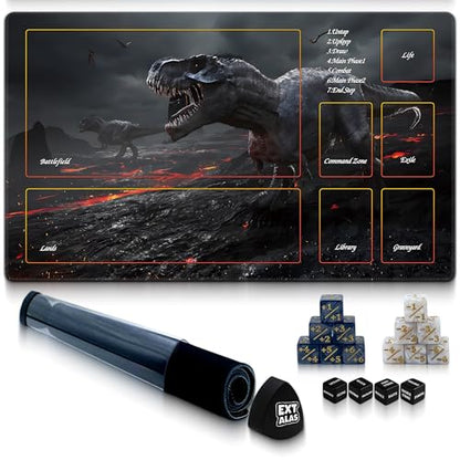 MTG Playmat with Storage Tube & 7-Dice Set - Waterproof TCG Playmat with Stitched Edges, Non-Slip Rubber Card Game Mat (24"x14") (playmat with Zones, Dinosaur) - color: Dinosaur, style: playmat with zones