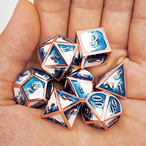 Haxtec Metal DND Dice Set, 7 Pcs Blue-White Polyhedral Dice for RPG | Copper Edge D&D Dice with Leather Bag, Compatible with Dungeons and Dragons, Heavy Metallic, Gifts for Table Games - color: Copper Blue White