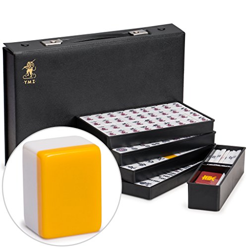 Yellow Mountain Imports Japanese Riichi Mahjong Set - White and Yellow Standard Size Tiles - with East Wind Tile and Black Vinyl Case - color: Yellow