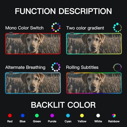Lavender Dog Print RGB Mousepad Led Mouse Pad Large Gaming Keyboard Pad 15 Light Modes 31.5x11.8in - size: 31.5×11.8 in