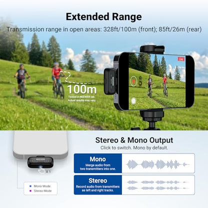 NEEWER KM19 Wireless Lavalier Microphone Compatible with iPhone 15 16 17 | Compatible with iPhone Android & PC, Mini Lav Mic, App Control, 3 Level Noise Cancelling, 30H Battery, 100m, Video Recording