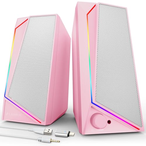 LENRUE Computer Speakers, USB/USB-C Powered PC Speakers with Loud Stereo Sound, Headphone-in for Desktop, Laptop, Monitor (USB-C to USB Adapter Included) (Pink) - color: Pink