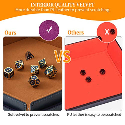 Grajar 2 Pcs Portable Folding Dice Rolling Tray Set for RPG DND Table Games - PU Leather and Velvet Holder Storage Box - Navy Blue and Camel - color: Navy Blue and Camel