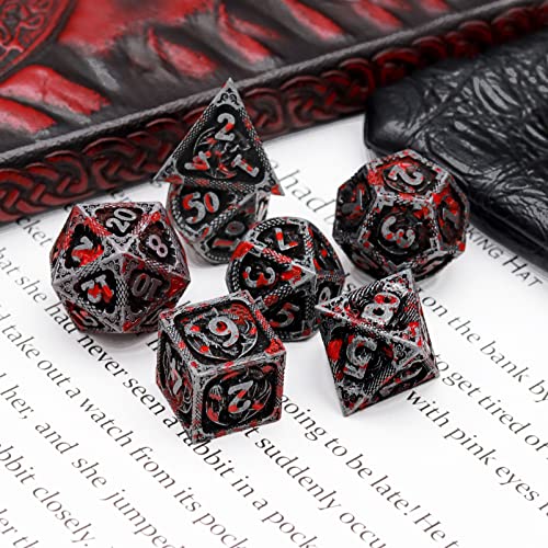 Haxtec Metal DND Dice Set, 7 Pcs Dragon Pattern Polyhedral Dice for RPG | Bloodstained D&D with Leather Bag, Compatible with Dungeons and Dragons, Heavy Metallic, TTRPG Gifts for Table Games - color: Antique Silver Red