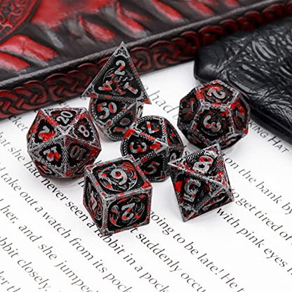 Haxtec Bloodstained Metal DND Dice Set Antique Iron Blood D&D Dice Set Dragon Scale with Leather Dice Bag Bloodsplattered Metal Polyhedral Dice Compatible with Dungeons and Dragons TTRPG Gifts - color: Antique Silver Red