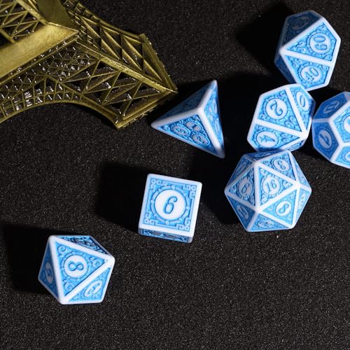 7PCs DND Dice Set, Unique Window Lattice Pattern D&D Dice Set with Leather Die Bag, Polyhedral Die for RPG Table Games (Blue/White) - color: Blue With White Edge