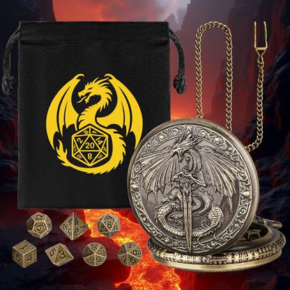 Mini DND Dice Set, Flying Dragon Holds Long Sword Pocket Watch Shell Case, DND Starter Set, 7pcs Polyhedral Metal Dice Set, D&D Gifts with Gift Bag, Role Playing Board Game Accessories,Bronze - color: Bronze