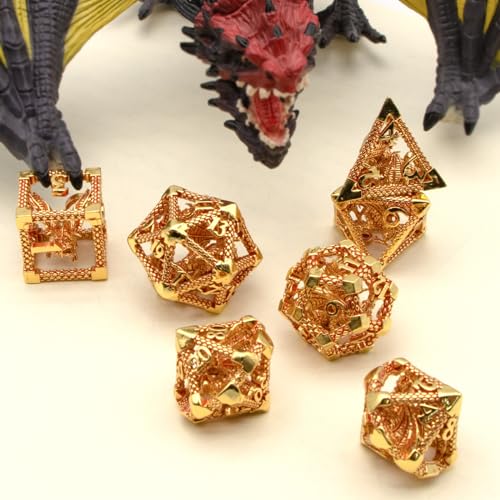 D&D Metal Dice Set - 7pc Polyhedral for Dungeons and Dragons, Role Playing, Table Games, RPG Shadowrun - Hollow Gaming Gift (Gold Red) - color: Gold Red
