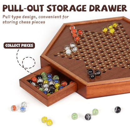15-Inch Wooden Chinese Checkers Board Game Set – Classic Strategy Game with 72 Glass Marbles, Dual-Sided Storage Drawer, Family Board Games for Adults, Educational Travel and Indoor Game