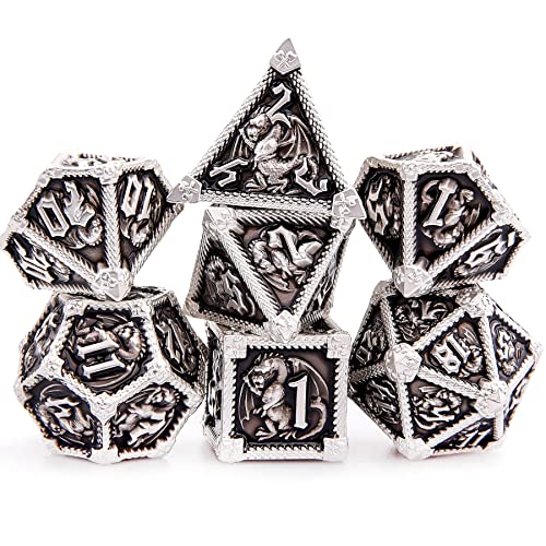 AUSTOR 7-Die Metal DND Dice Set Dungeons and Dragons Polyhedral Roll Playing Dice with Box D20 D12 D10 D% D8 D6 D4 for Pathfinder MTG RPG Board Games - color: Black With Silver Edge