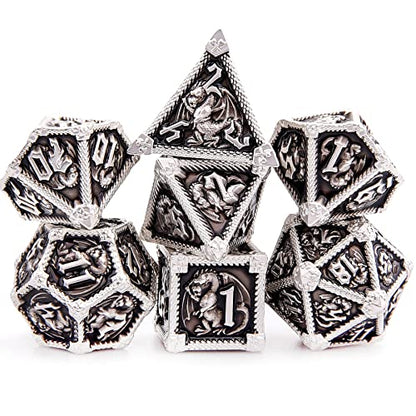 AUSTOR 7-Die Metal DND Dice Set Dungeons and Dragons Polyhedral Roll Playing Dice with Box D20 D12 D10 D% D8 D6 D4 for Pathfinder MTG RPG Board Games - color: Black With Silver Edge