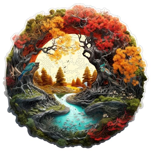 MEATRN Tree River 500 Pieces Wooden Puzzles for Adults - Autumn Landscape Jigsaw Puzzle with Colorful Trees and Flowing River, Family Night Fun, 16.9x16.8 in - color: Tree River, size: Large