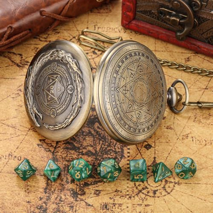 Dragon with D20 Theme Dice Set, Green Small Acrylic Dice for RPGs Pathfinder, DND Starter Set, Pocket Watch Dice Set Gift with Bag, Mystery Gifts for DND Fans, Stocking Stuffer Gifts - color: Dragon with D20
