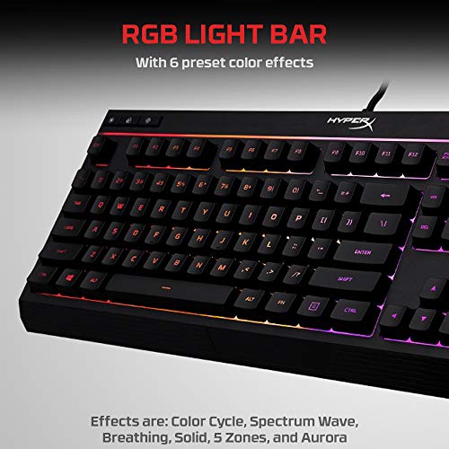HyperX Alloy Core RGB – Membrane Gaming Keyboard, Comfortable Quiet Silent Keys with RGB LED Lighting Effects, Spill Resistant, Dedicated Media Keys, Compatible with Windows 10/8.1/8/7 – Black - size: Full Size