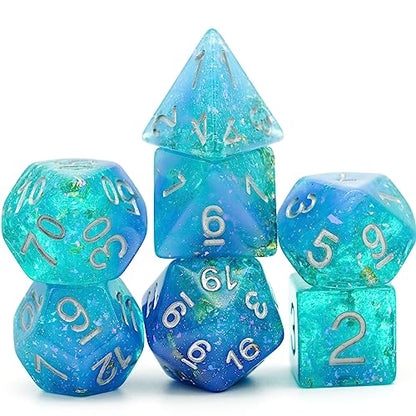 Blue DND Dice Set Glitter Polyhedral Dice Set D&D for Tabletop Games | Leather Storage Bag, DM Gift, for Dungeons and Dragons Role Playing Games - color: Glitter Blue/Green