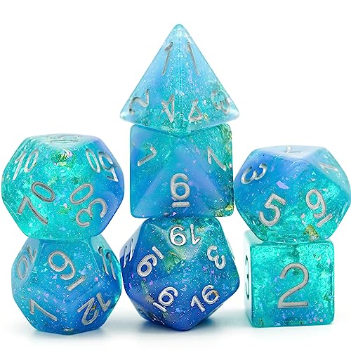 Blue DND Dice Set Glitter Polyhedral Dice Set D&D for Tabletop Games | Leather Storage Bag, DM Gift, for Dungeons and Dragons Role Playing Games - color: Glitter Blue/Green