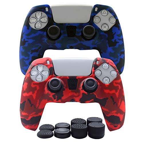 Hikfly Silicone Cover Compatible with PS5 Controller Skin Non-Slip Grips Compatible with PlayStation 5 Controller- 2 x Skin with 8 x Thumb Grip Caps(Blue,Red)