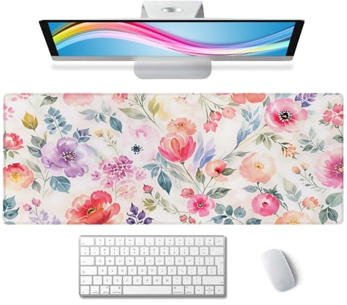 Watercolor Floral Botanical Pattern Desk Mat, Extended Big Mouse Mat for Home and Office, Large Gaming Mousepad Laptop Keyboard Mat with Non-Slip Rubber Base, Stitched Edges (31.50"x11.8"x0.12") - color: Watercolor Floral Botanical Pattern