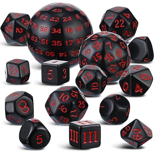 Civaner 15 Pcs Complete Polyhedral Dice Set D3-D100 Spherical RPG Dice Set in Opaque Black, 100 Sides for Role Playing Table Games Party Supplies(Black and Red) - color: Black and Red