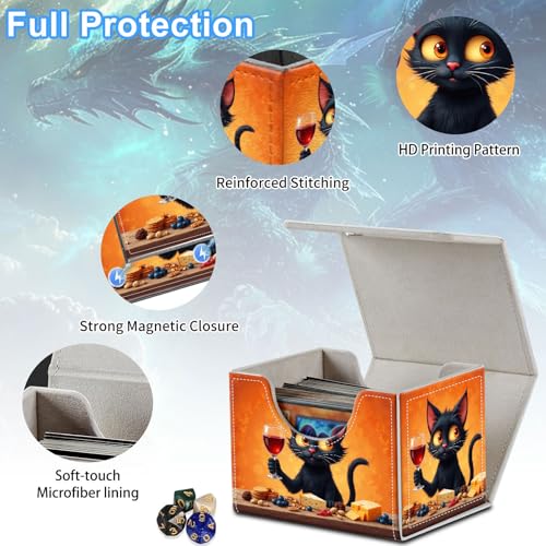 Cat Drinking Wine Deck Box for MTG Commander | Holds 100+ Double-Sleeved Cards | Strong Magnetic TCG Card Case for Collectible Games - color: Cat Drinking Wine