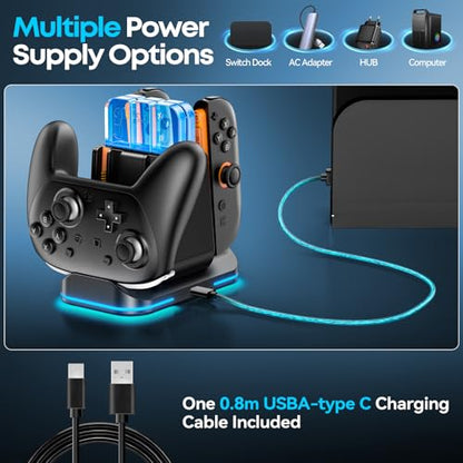 Switch 2/1 Compatible Controller Charging Dock, 6-in-1 Charger Station for 4 Joy-Cons & 2 Pro Controllers, 9 RGB Modes Fast Charging Stand for Switch 2 Accessories, with LED Indicator - size: L-Black-Switch 2/1 & Pro