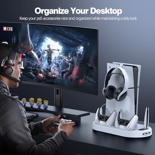 AMZDM Cooling Station PS5 Slim Stand PS5 Pro Cooling Fan with Charging Station PlayStation 5 Console Cooler with Docking Station Controller Charger PlayStation 5 Pro & Slim Disc & Digital White - color: Off-White