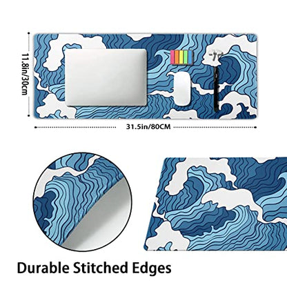 Japanese Blue and White Wave Gaming Mouse Pad XL Anime Sea Texture Extended Large Desk Mat Big Mousepad Non-Slip Rubber Base Stitched Edge Long Desk Pad for Desktop PC Computer Gamer,31.5×11.8 Inch - color: Blue Wave, size: 31.5 x 11.8 inches