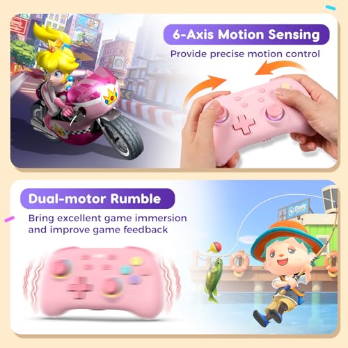 IINE Wireless Controller for Switch/PC/Android/IOS, Cute Gamepad with RGB Lights, Mini Pro Controller with Turbo/Macro/NFC Amiibo/Motion Sensor/Wake-Up/Rumble (Pink) - color: Pink