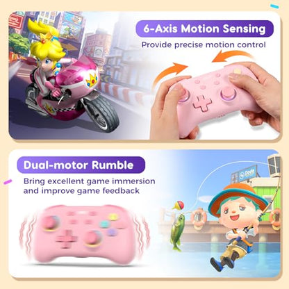 IINE Wireless Controller for Switch/PC/Android/IOS, Cute Gamepad with RGB Lights, Mini Pro Controller with Turbo/Macro/NFC Amiibo/Motion Sensor/Wake-Up/Rumble (Pink) - color: Pink