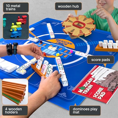 Mexican Train Dominoes Set with 4 Holders - Dominoes Double 12 with Wooden Hub and Tiles Holders - Double 12 Dominos Set for Family Game Night for Adults and Kids Ages 8 and up (D12 + 4 Holders) - style: D12 + 4 Holders