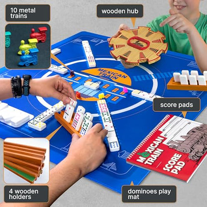 Mexican Train Dominoes Set with 4 Holders - Dominoes Double 12 with Wooden Hub and Tiles Holders - Double 12 Dominos Set for Family Game Night for Adults and Kids Ages 8 and up (D12 + 4 Holders) - style: D12 + 4 Holders