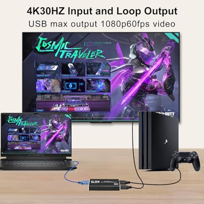 4K Capture Card Game Capture Card 1080P 60FPS for Streaming Capturadora De Video for Game Recording Live Streaming Broadcasting Supports Microphone Input and 3.5MM Headphone Output
