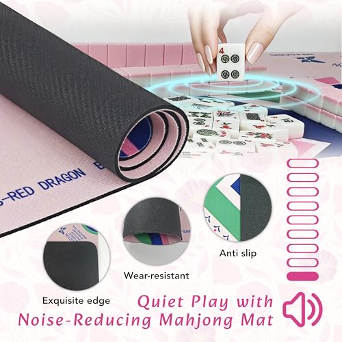 American Mahjong Game Set Complete with 166 Pink Tiles, Noise Reducing Mat, 4 All-in-One Rack/Pushers, Pink Bag & Accessories - Suitable for Adults and Beginners