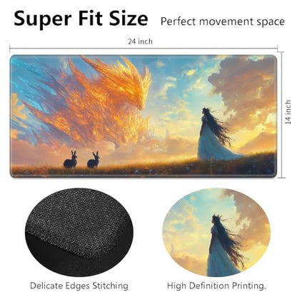 MTG Playmat 24" x 14" with High Elastic Rubber Base Non-Slip Rubber HD Fade-Resistant Printing Durable TCG Gaming for Card Games Desk Mat & Mouse Pad, Fire and Ice Phoenix with Girl - color: Fire and Ice Phoenix With Girl, size: 24" x 14"