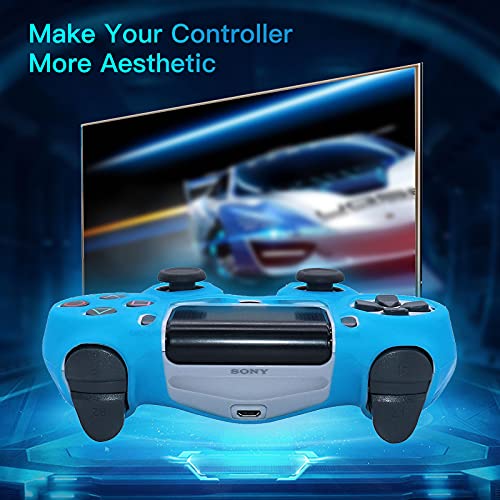 Blue Controller Skin Silicone Grip Glow in Dark Protective Case Compatible with PS4/Slim/Pro Controller with 8 Glow in The Dark Thumb Grips Caps + 2 Cute Cat Paw Thumb Grips Caps. - color: Glow Blue