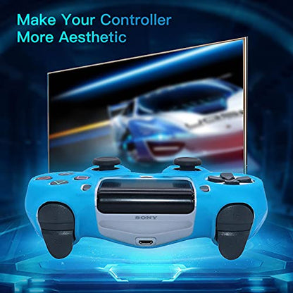 Blue Controller Skin Silicone Grip Glow in Dark Protective Case Compatible with PS4/Slim/Pro Controller with 8 Glow in The Dark Thumb Grips Caps + 2 Cute Cat Paw Thumb Grips Caps. - color: Glow Blue