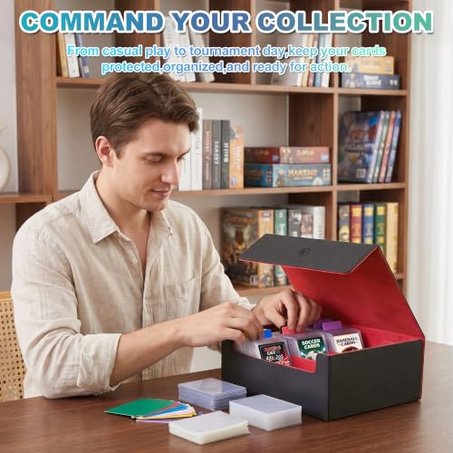 Trading Card Storage Box, Holds 1800 Sleeved Card, PU Magnetic Closure | 200 Toploaders and 600 Penny Sleeves INCLUDED, 10 Dividers and 6 Foam Stoppers INCLUDED, Fit for MTG, TCG and Sports Cards - color: Black and Red
