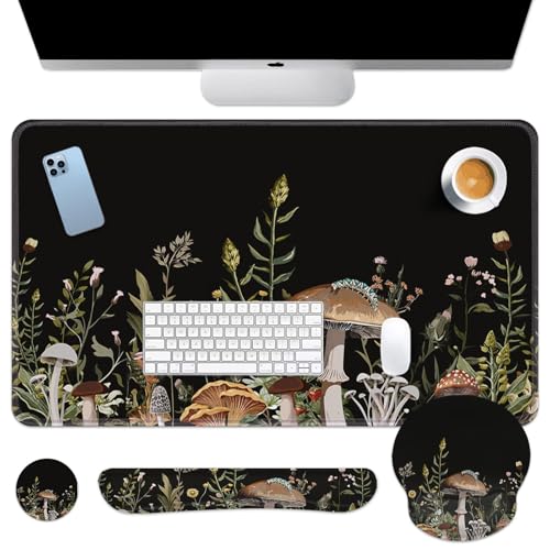 Britimes Black Mushroom Floral Keyboard Mouse Pad Set Plant Flower 4in1 Large Mousepad+Keyboard Wrist Rest+Mouse Wrist Rest+Coaster Ergonomic Design for Home Office Computer 35.4x15.7 inches - color: Black Mushroom Floral