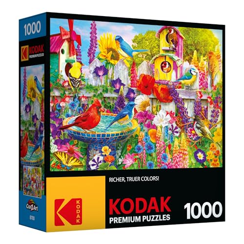 RoseArt Kodak Premium Bird Bath Garden 1000 Piece Jigsaw Puzzle | Fully Interlocking Pieces, Bonus Poster Included, Made in USA - style: Bird Bath Garden