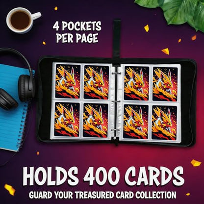 Trading Card Binder Small 4 Pocket,capacity of 400 Cards, 50 Clear Sheets Included, 3 Rings And Zipper, Cards Binder, Collector Binder, Water Proof with Dragon Design (Red Fox, Small) - color: Red Fox, size: Small