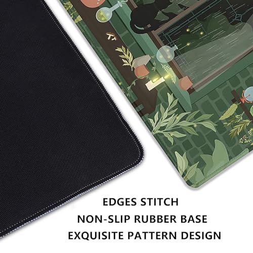 Black Cat Mouse Pad Green Plants Desk Mat Pad Anime Large Gaming Cartoon Cute Mouse Pad,Stitched Edges Non-Slip Waterproof Rubber Base Mous Mat for Office Home Work Gaming(27.5X11.8 in) - color: Candlelight Windowsill-cat