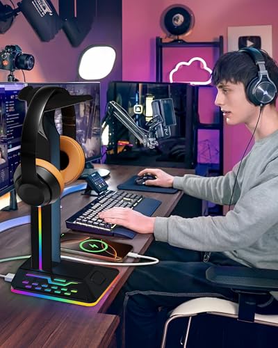 RGB Headphone Stand with 2 USB 2.0 Extension Charging Port Extender Cord,Desk Gaming Headset Holder,Cool LED Headphone Holder PC Gaming Accessories,Gamer Gifts